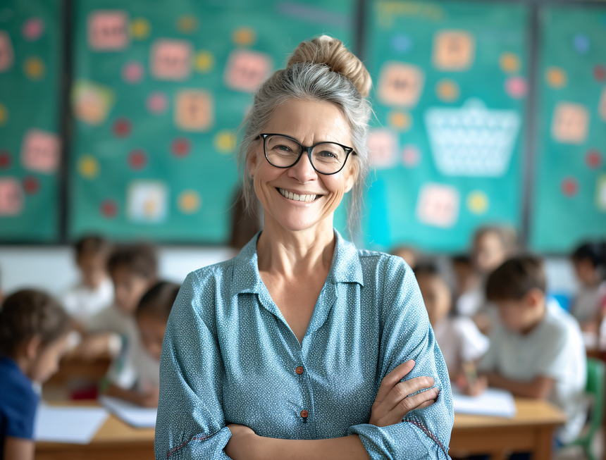 Lehrerin mit Schulklasse im Hintergrund