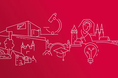 Iconografie der Lausitz. Weiße Zeichnungen auf rotem Hintergrund: Mikroskop, Schloss Muskau, Türme, etc